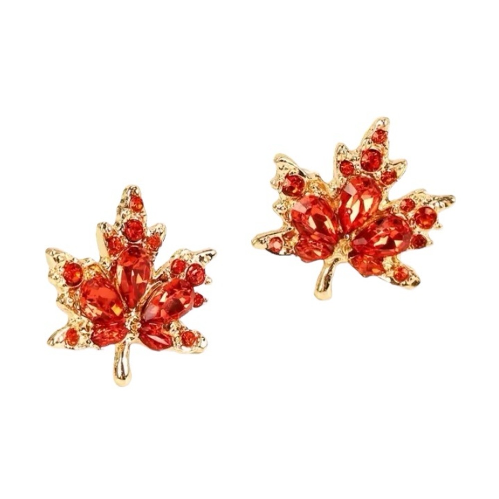 Burnt Orange Crystal Maple Leaf Leaves Gold Toned Stud Earrings - Picture 7 of 7